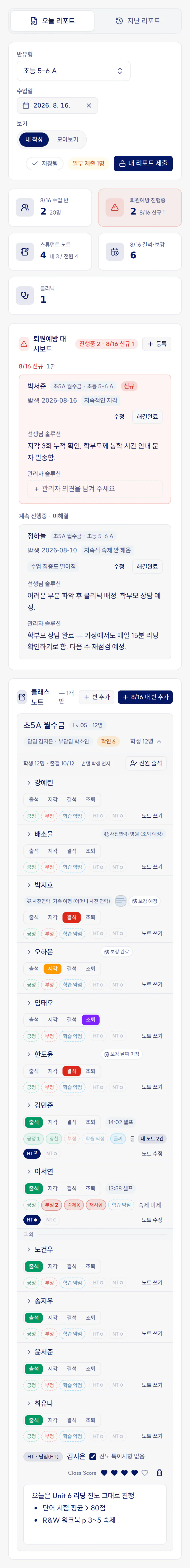 클래스 리포트 오늘 리포트 화면. 퇴원예방 대시보드, 학생별 출결과 노트, 진도 특이사항과 Class Score(예시 데이터)